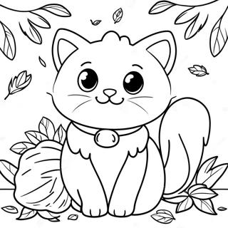 Schattige Thanksgiving Kat Met Herfstbladeren Kleurplaat 136775-68340
